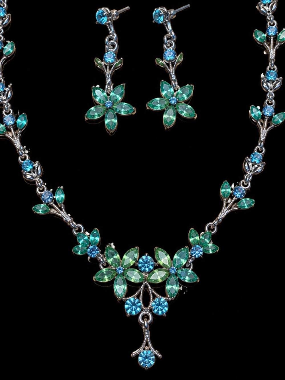 Blue Green Crystal Floral Necklace Earrings Set Silver Tone Rhinestone 16" prom
